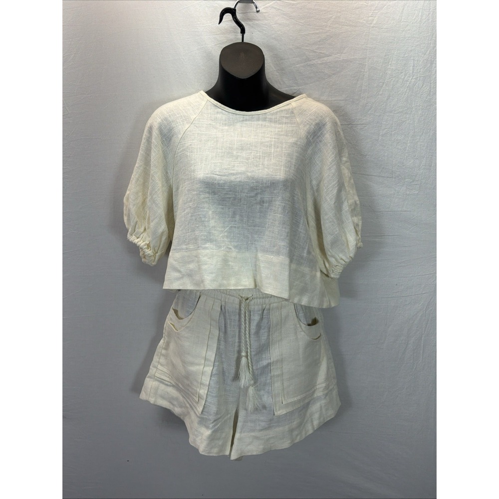 House of Harlow Ivory Linen Blend 2 Piece match short set puff slv Euro summer S
